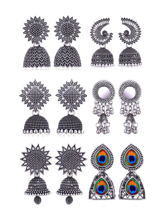 Sangria Set Of 6 Silver-Plated Dome Shaped Oxidized Jhumkas