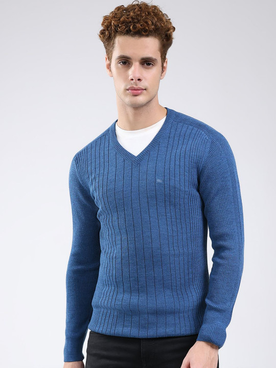 Monte Carlo Men Striped Woollen V Neck Full Sleeve Pullover Sweaters