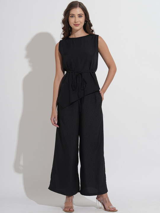 Murcia Women Black Round Neck Top With Trousers Co-Ords