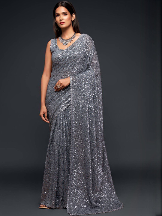 Women Embellished Sequinned Pure Georgette Heavy Work Saree
