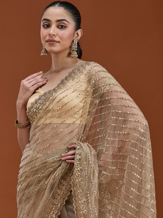 Koskii Women Sequins Beige Net Saree With Unstitched Blouse