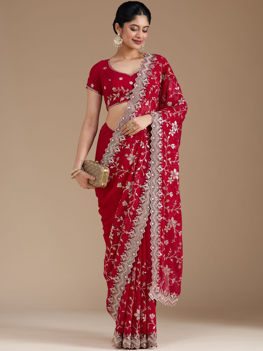Koskii Women Zariwork Rani Pink Georgette Saree With Unstitched Blouse