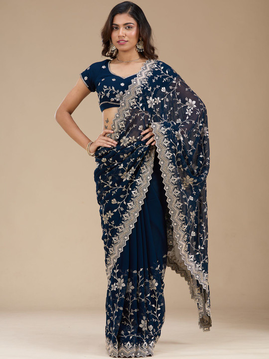 Koskii Women Zariwork Navy Blue Georgette Saree With Unstitched Blouse