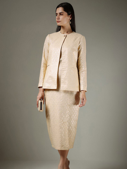 FABLE STREET Woven Design Round Neck Jacket & Skirt