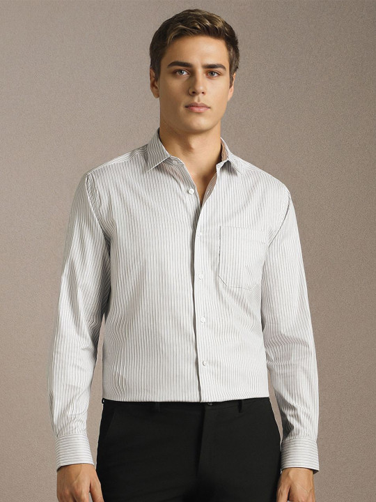 Louis Philippe Men Slim Fit Vertical Striped Spread Collar Formal Cotton Shirt