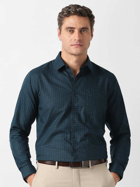 Van Heusen Men Slim Fit Grid Tattersall Checked Spread Collar Pure Cotton Formal Shirt