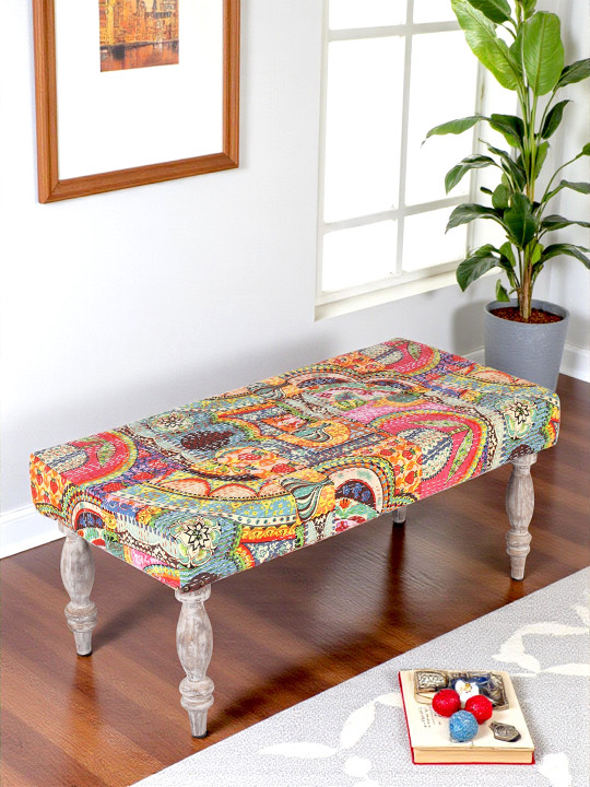 Ikiriya Bestone Sheesham Wood Bohemian 2 Seater Bench In Israel Print Patchwork Kantha