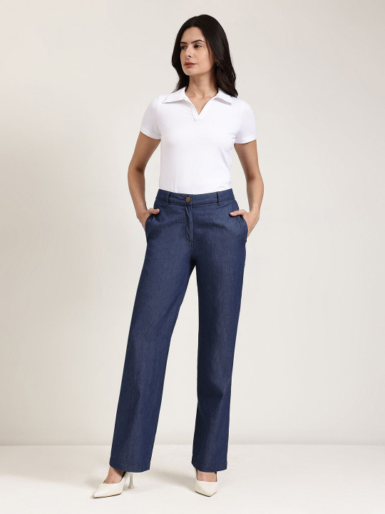 FABLE STREET Women Navy Blue Denim Straight Fit Trousers