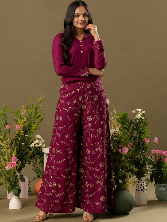 WEAVLLITE Embroidered Shirt Collar Top And Trouser