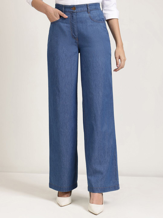 FABLE STREET Women Tailored High-Rise Denim Wide Leg Parallel Trousers