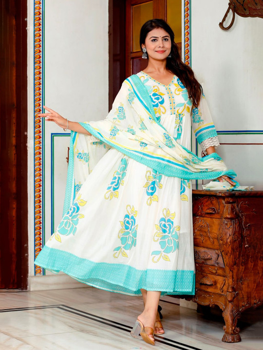 AFFO Floral Printed Thread Work Anarkali Kurta With Dupatta