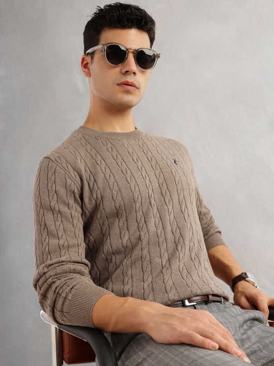 Thomas Scott Men Cable Knit Pure Cotton Round Neck Long Sleeves Pullover Sweater