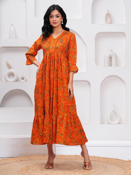 KEIYONA Orange Ethnic Motifs Midi Dress
