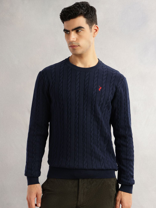 Thomas Scott Men Cable Knit Cotton Round Neck Pullover Sweater