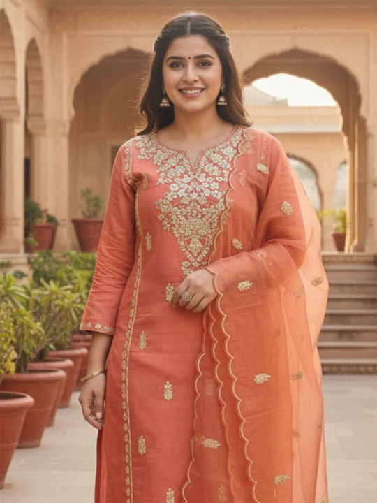 Indo Era Floral Embroidered Thread Work Straight Kurta With Trousers & Dupatta
