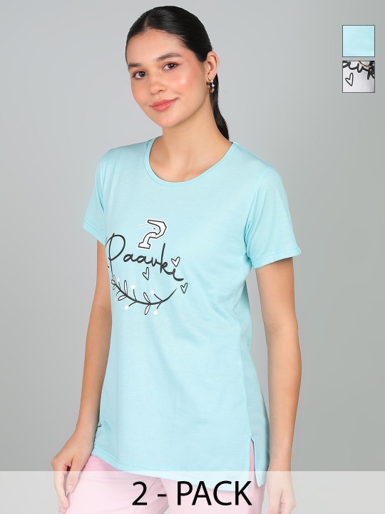 PAAVKI Pack Of 2 Typography Printed Cotton T-shirts