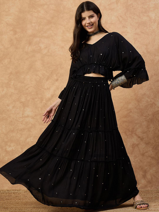 DRAPE AND DAZZLE Women V Neck Long Sleeve Top With Skirt Co-Ords