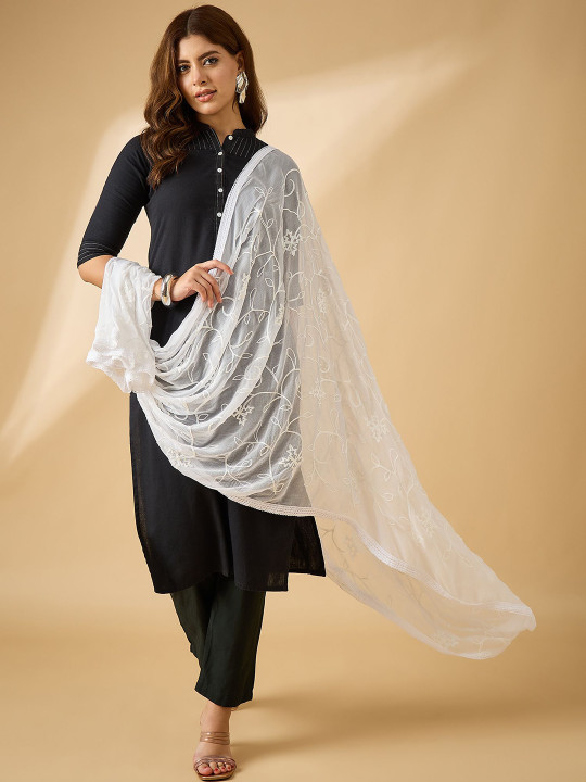 all about you Floral Embroidered Chiffon Dupatta With Thread Work