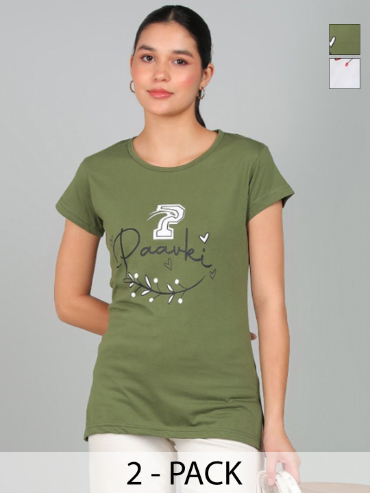 PAAVKI Pack Of 2 Typography Printed Round Neck Cotton T-shirts
