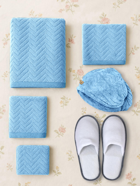 Blue 8 Pieces Self Design Microfiber 350 GSM Towel Set