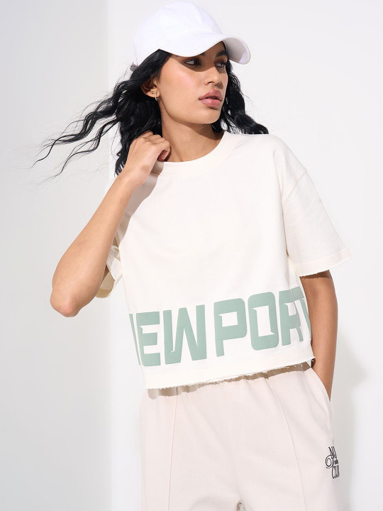 Ajile by Pantaloons Women Round Neck Typography Print Cotton Crop Top