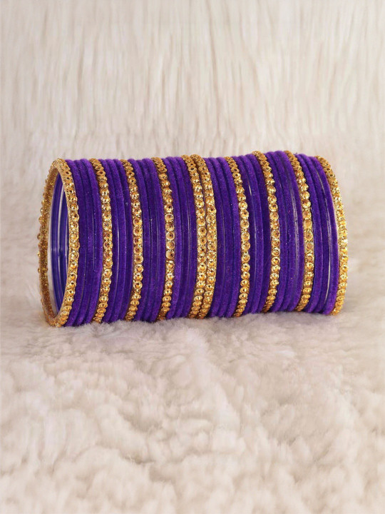 NMII Women Set Of 34 Glass & Golden Beads Velvet Bangles