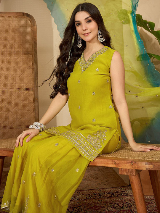 Sangria Ethnic Motifs Embroidered Zari Kurta with Sharara & Dupatta