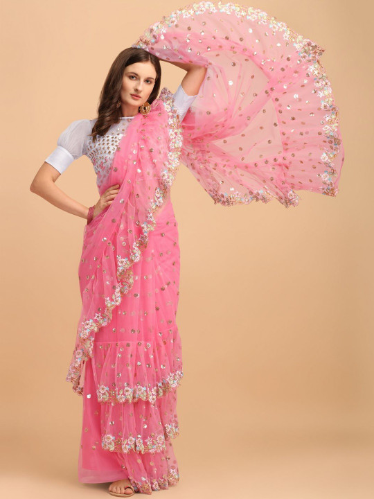 EVANIK Floral Sequinned Net Saree