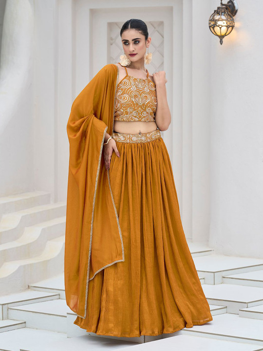 PURVAJA Emroidered Thread Work Ready To Wear Lehenga & Unstitched Blouse With Dupatta