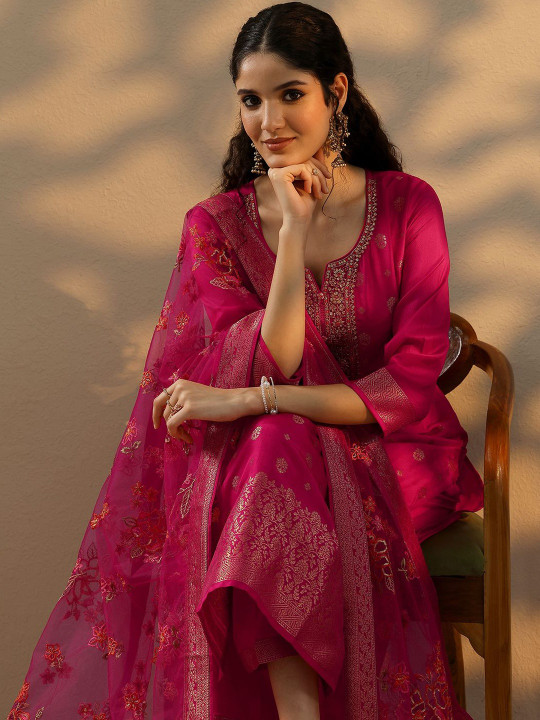 Libas Ethnic Motifs Regular Notch Neck Beads And Stones Kurta With Trousers & Dupatta