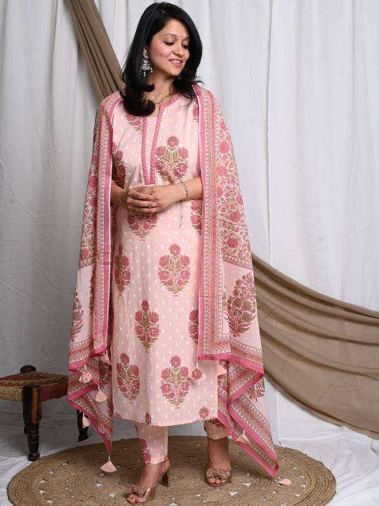 Dholkee Women Floral Printed Cotton Kurta with Trousers & Dupatta