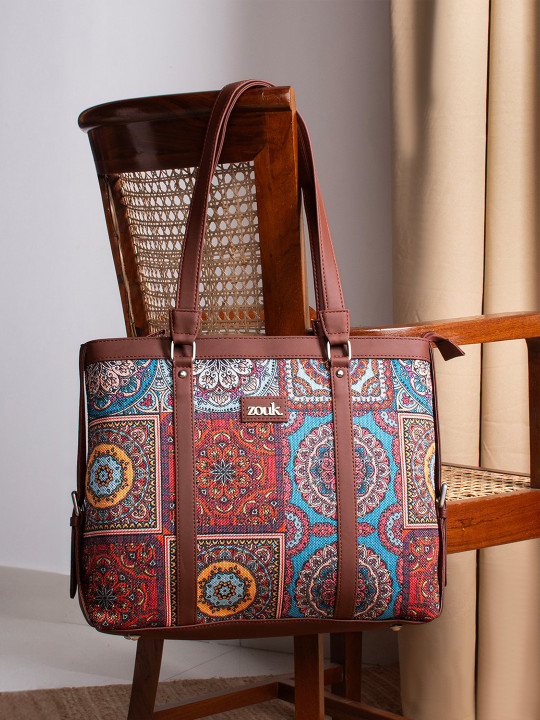 Brown Ethnic Motifs Printed Laptop Structured Shoulder Tote Bag