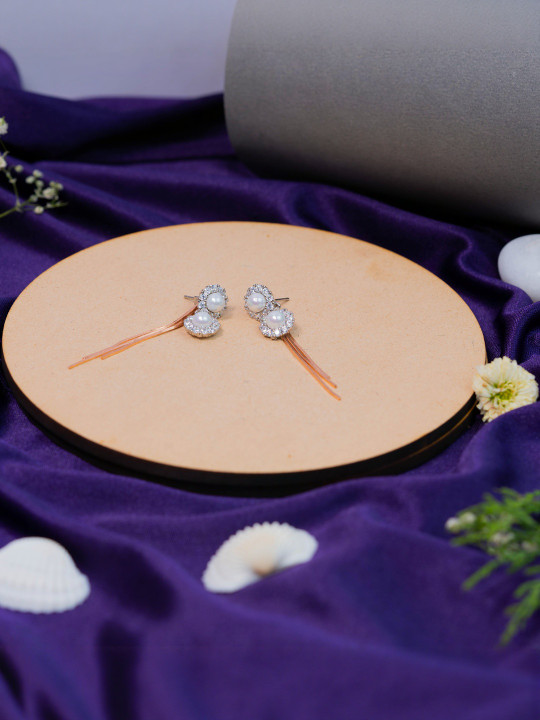 IYRAA Sterling Silver Plated Zircon Studded Contemporary Shaped Drop Earrings
