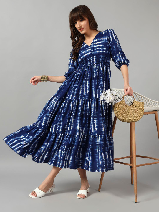 Raiyani Fashion Tie and Dye Dyed Tie-Up Neck Maxi Dress