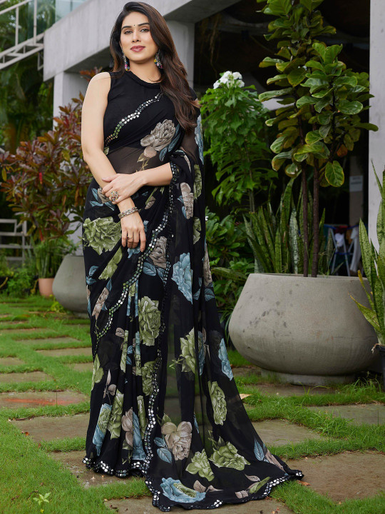 HERE&NOW Floral Sequinned Pure Georgette Designer Saree