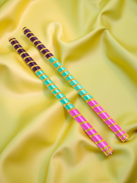 Golden Peacock Set Of 2 Dandiya Sticks With Satin Wrap