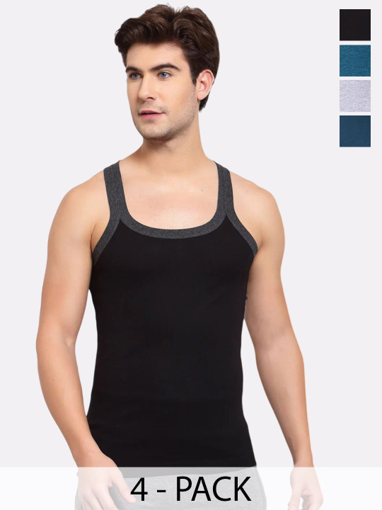 Sporto by Macho Men Pack of 4 Solid Scoop Neck Pure Cotton Gym Vests Innerwear Vests