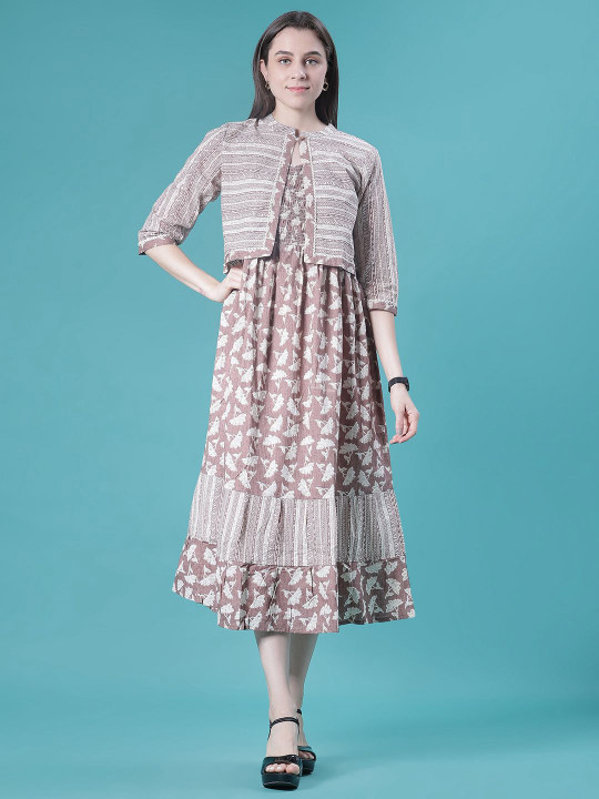 V-Mart Ethnic Motifs Printed Smocked Detail A-Line Midi Dress