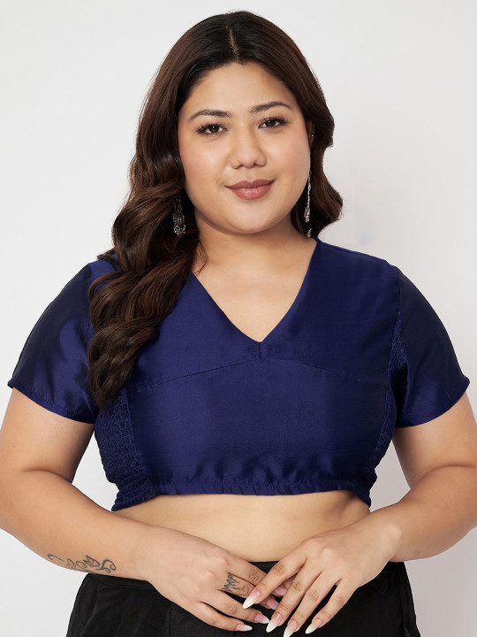 studio rasa Plus Size V-Neck Plus Size Short Sleeves Stretchable Saree Blouse