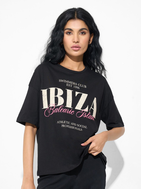 Ajile by Pantaloons Women Typography Printed Round Neck Pure Cotton Oversized T-shirt