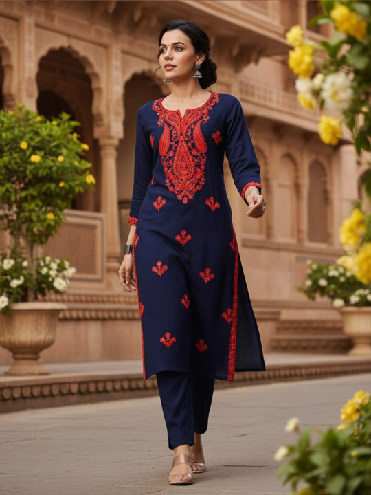 KALINI Ethnic Motifs Embroidered Thread Work Straigth Kurta