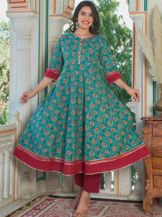 KALINI Women Teal Cotton Printed Anarkali Kurtas