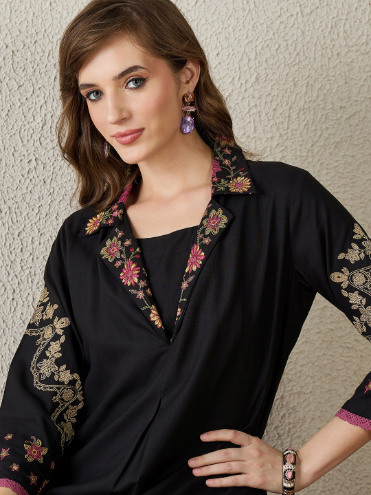 Indo Era Embroidered Shirt Collar Top With Trousers