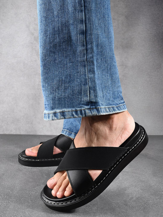 LOUIS STITCH Men Jet Black Cross Strap Slip-On Comfort Sandals
