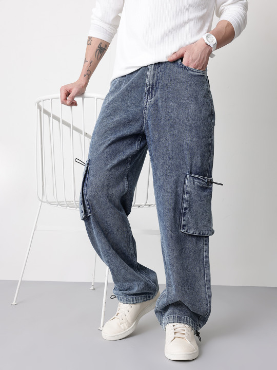 Mast & Harbour Men Loose Fit Light Fade Cargo Jeans