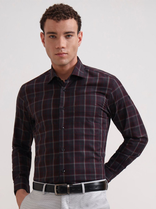 METAL Men Slim Fit Tartan Checked Spread Collar Cotton Casual Shirt