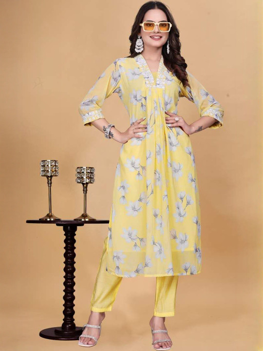Zanies Women Yellow Floral Printed Kurta Set with Straight Pants
