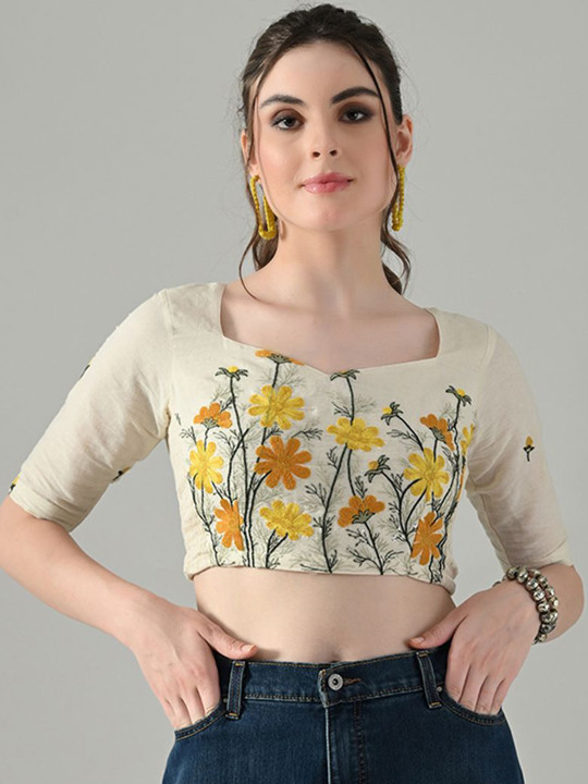 Myshka Floral Embroidered Cotton Blouson Crop Top