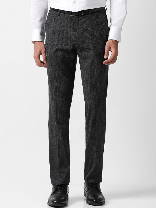 Van Heusen Men Textured Self Design Slim Fit Mid-Rise Plain Flat Front Formal Trousers
