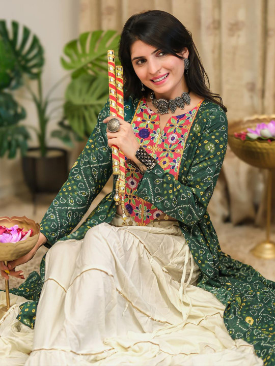 Youthnic Bandhani Embroidered Notch Neck Patchwork Anarkali Kurta